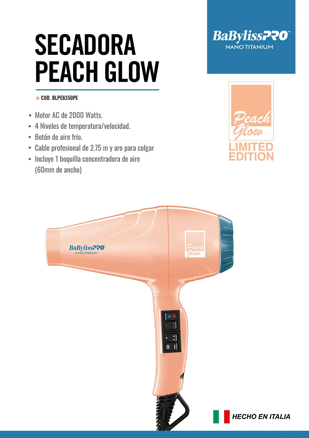 BABYLISSPRO NANO TITANIUM BLOWER PEACH 200WATTS